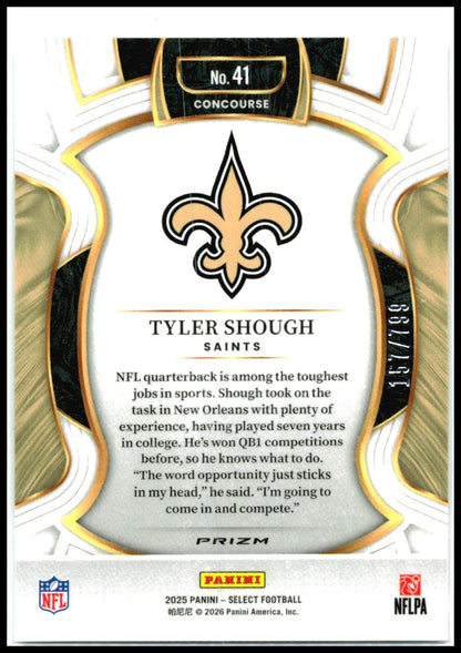 2025 Panini Select White Prizm Shock /799 #41 Tyler Shough Rookie Saints
