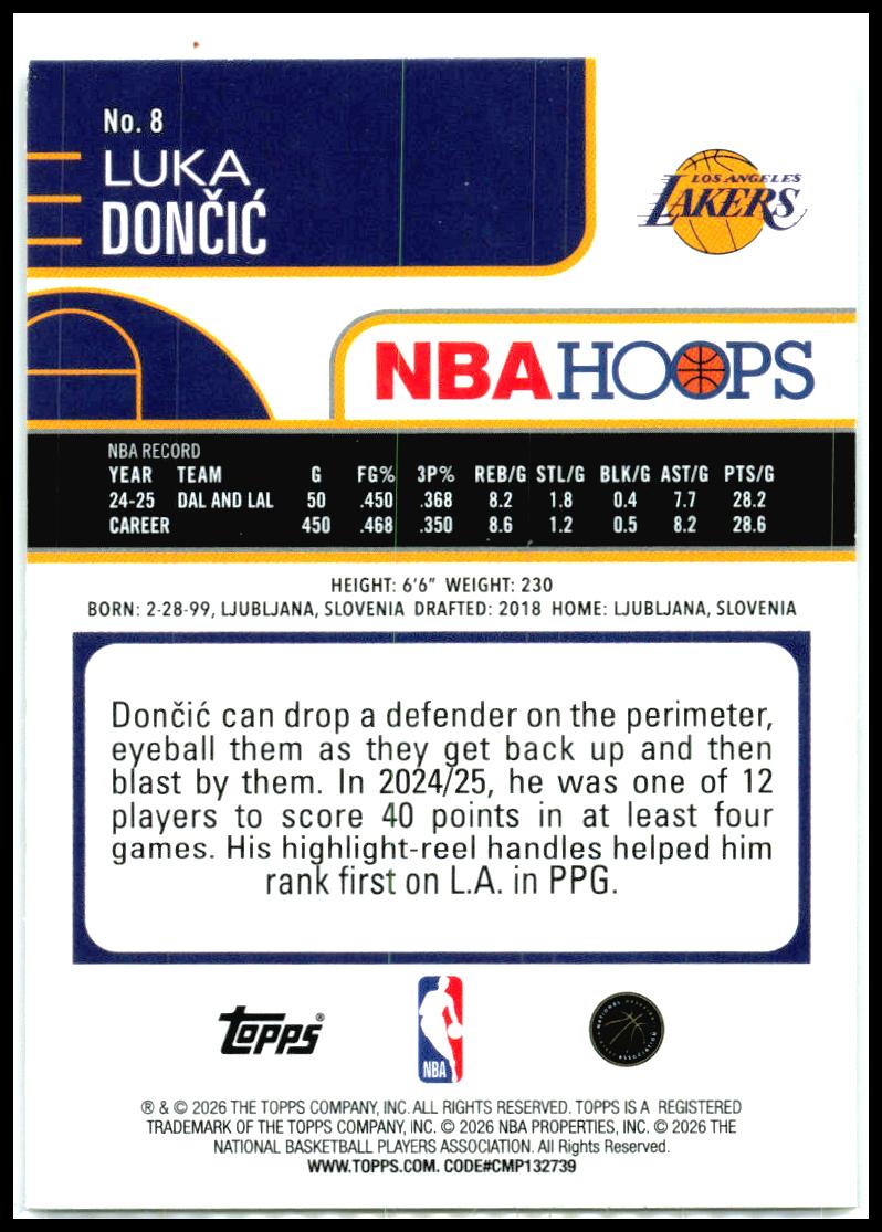 2025-26 Hoops Rainbow #8 Luka Dončić Los Angeles Lakers