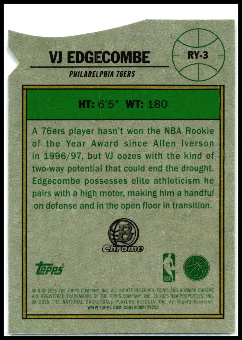 2025-26 Bowman Rookie of the Year Favorites #RY-3 VJ Edgecombe 76ers