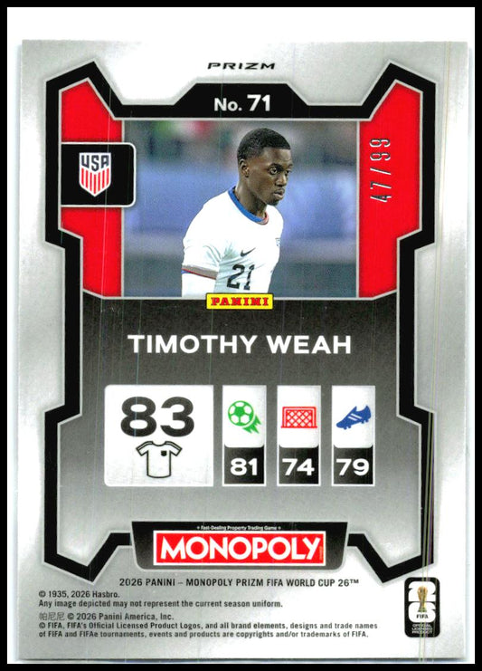 2026 Monopoly FIFA World Cup Purple Prizms #71 Timothy Weah USA