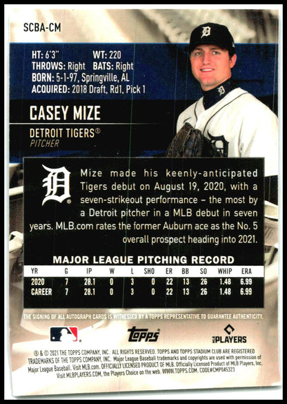 2021 Stadium Club Autographs #SCBA-CM Casey Mize Auto Detroit Tigers
