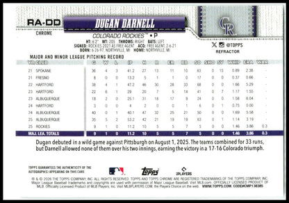 2026 Topps Chrome Rainbow Auto #/499 #RA-DD Dugan Darnell Auto Colorado Rockies