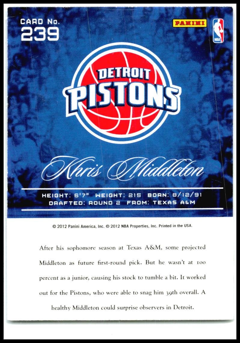 2012-13 Panini Prestige #239 Khris Middleton Rookie Detroit Pistons