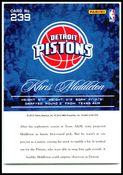 2012-13 Panini Prestige #239 Khris Middleton Rookie Detroit Pistons