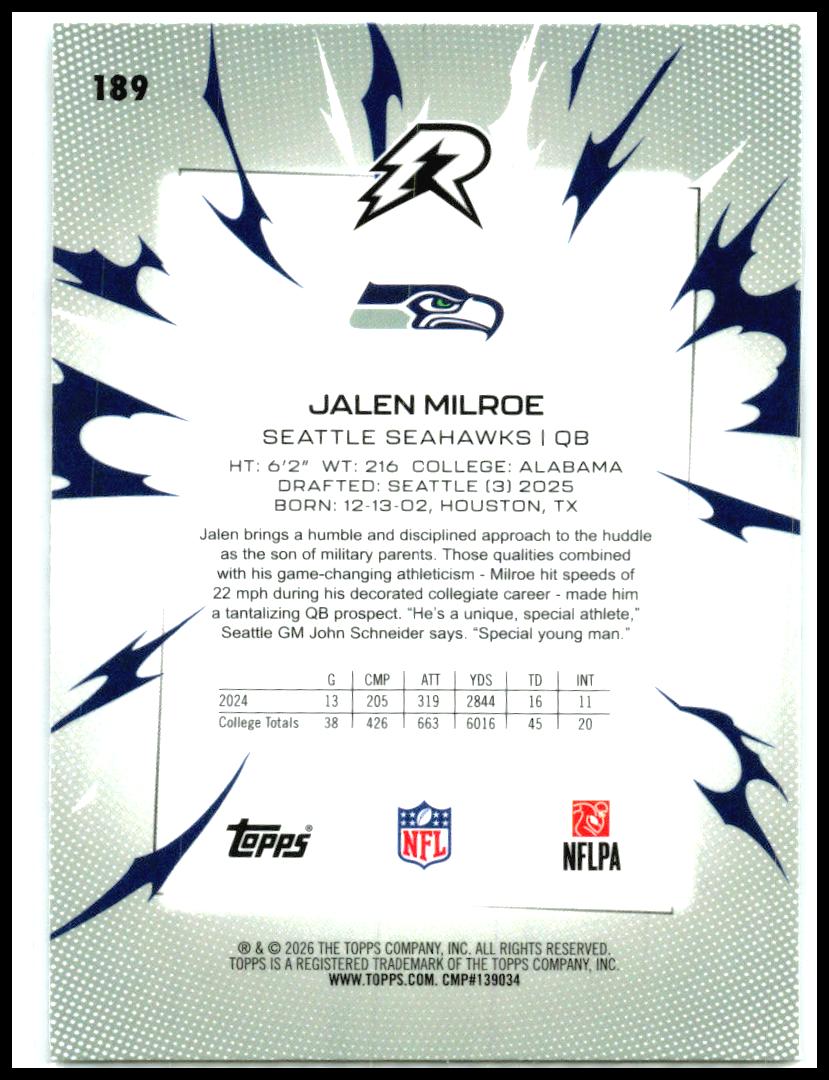 2025 Topps Resurgence Prism Refractor #189 Jalen Milroe Rookie Seattle Seahawks
