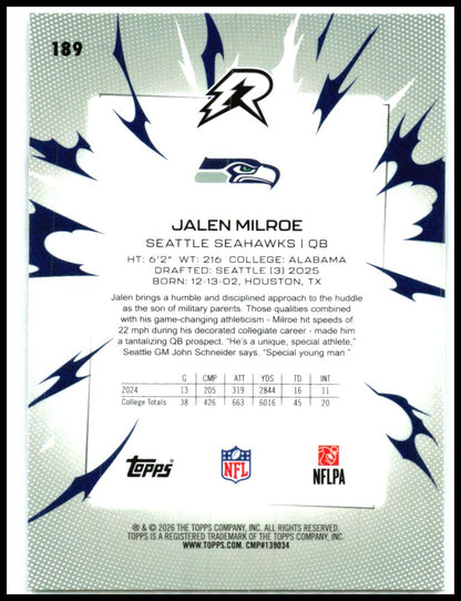 2025 Topps Resurgence Prism Refractor #189 Jalen Milroe Rookie Seattle Seahawks
