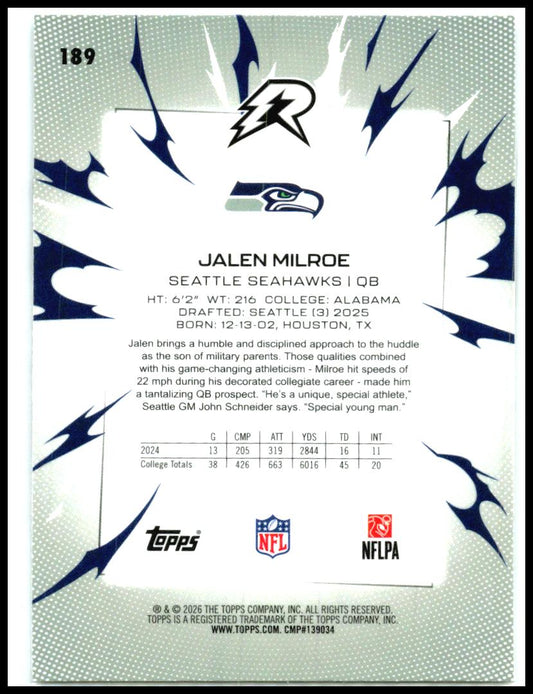 2025 Topps Resurgence Prism Refractor #189 Jalen Milroe Rookie Seattle Seahawks