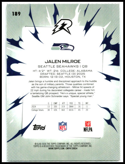 2025 Topps Resurgence Prism Refractor #189 Jalen Milroe Rookie Seattle Seahawks