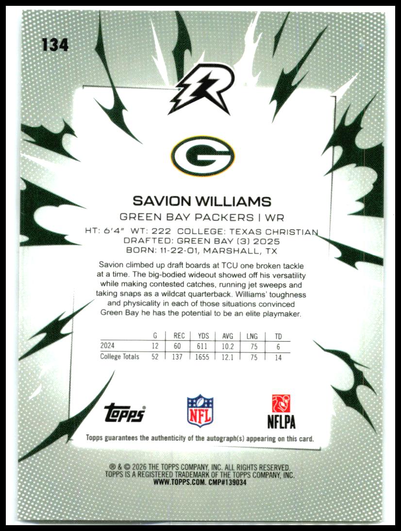 2025 Topps Resurgence Signatures #134 Savion Williams Auto Green Bay Packers