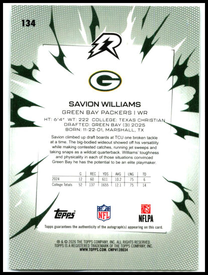 2025 Topps Resurgence Signatures #134 Savion Williams Auto Green Bay Packers