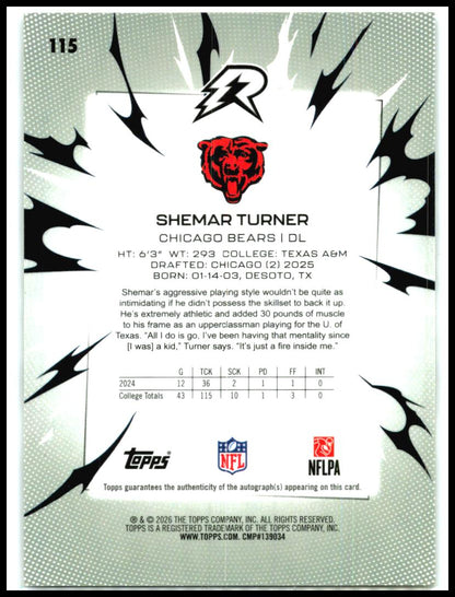 2025 Topps Resurgence Auto Black & White #115 Shemar Turner Rookie Auto Bears