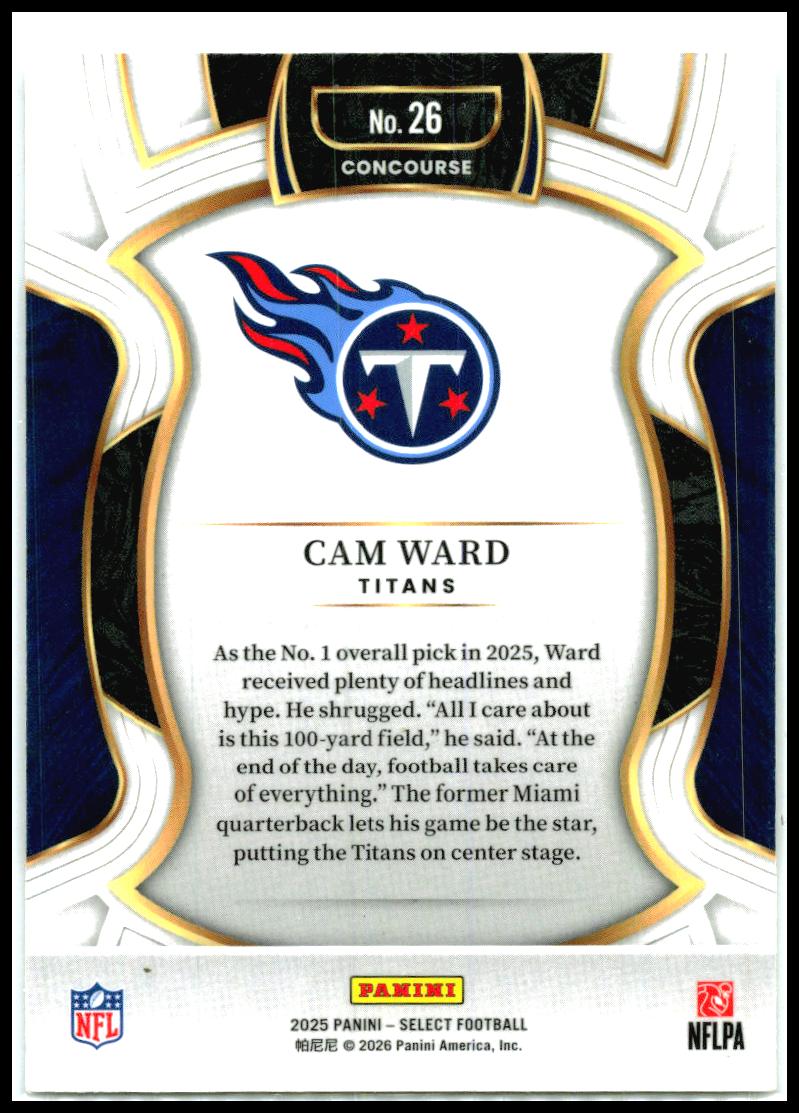 2025 Panini Select #26 Cam Ward Rookie Tennessee Titans