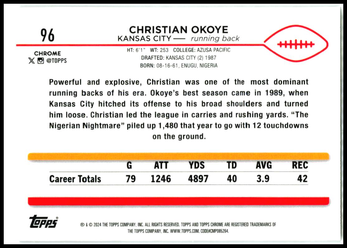 2024 Topps Chrome X-Fractor #96 Christian Okoye Kansas City Chiefs