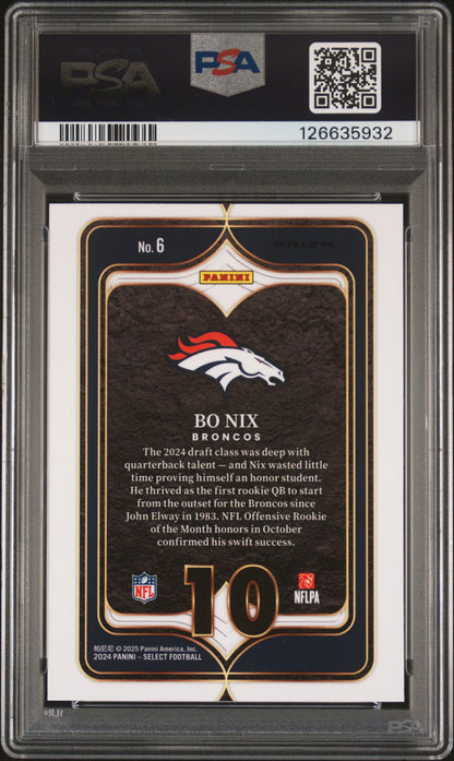 2024 Panini Select Select Numbers Select Numbers-Zebra Prizm #6 Bo Nix PSA 10