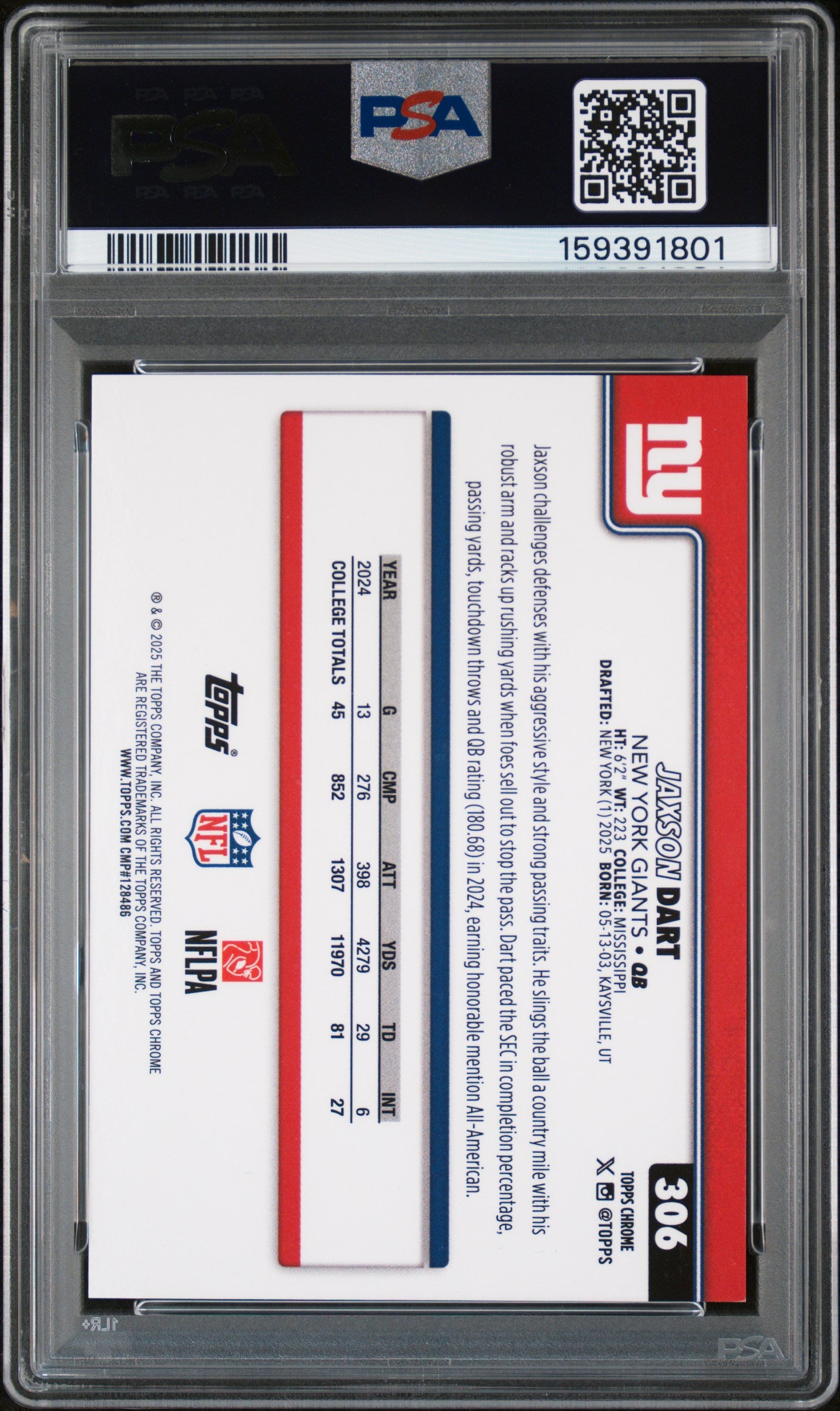 2025 Topps Chrome Variation Gold Geometric #306 Jaxson Dart PSA 9