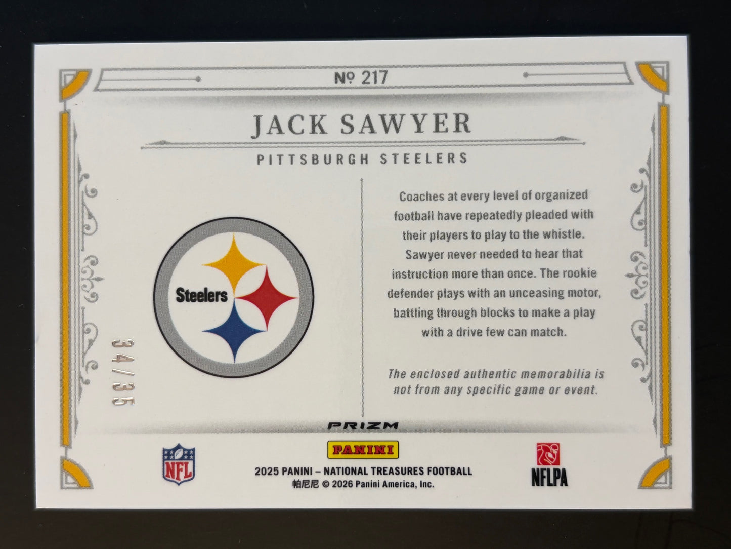 2025 Panini National Treasures Premium #217 Jack Sawyer #/35 Pittsburgh Steelers
