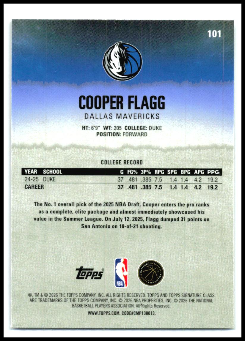 2025-26 Topps Signature Class Chrome #101 Cooper Flagg RC Dallas Mavericks
