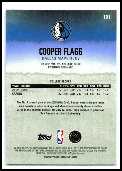 2025-26 Topps Signature Class Chrome #101 Cooper Flagg RC Dallas Mavericks