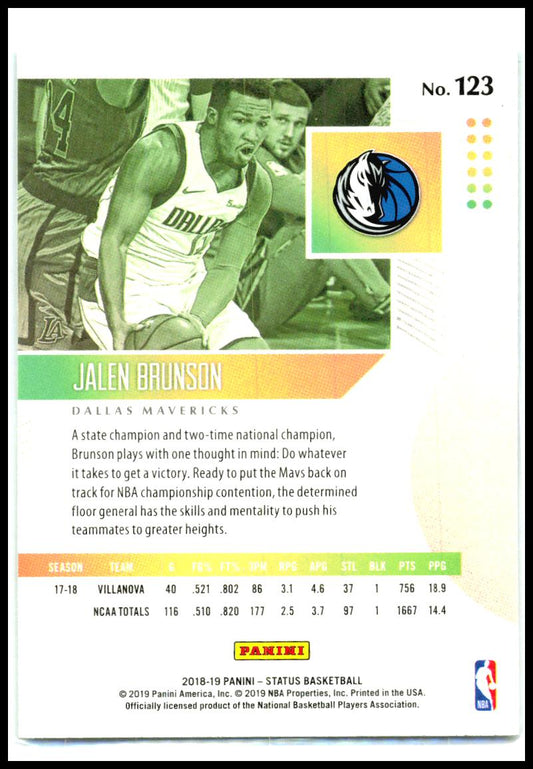 2018-19 Panini Status Green #123 Jalen Brunson RC Dallas Mavericks