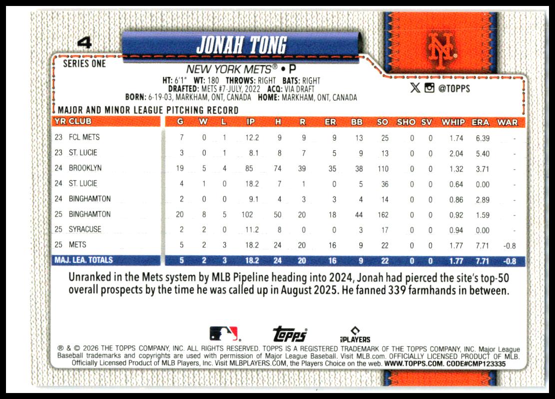 2026 Topps Team Color Border #4 Jonah Tong New York Mets