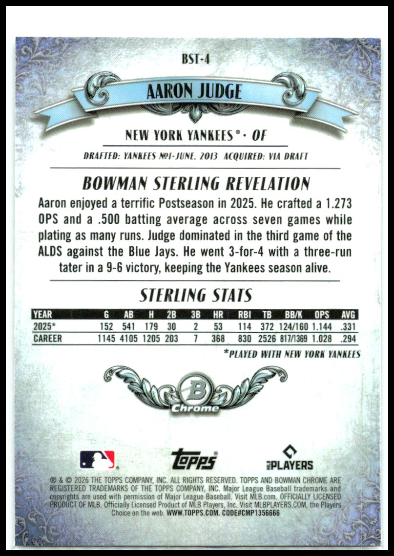 2026 Bowman Bowman Sterling Mojo Refractors #BST-4 Aaron Judge New York Yankees