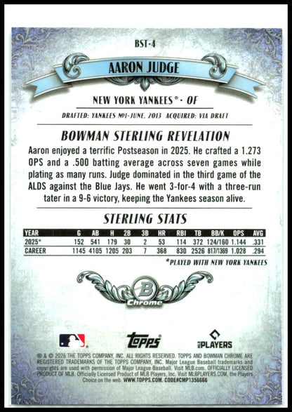 2026 Bowman Bowman Sterling Mojo Refractors #BST-4 Aaron Judge New York Yankees