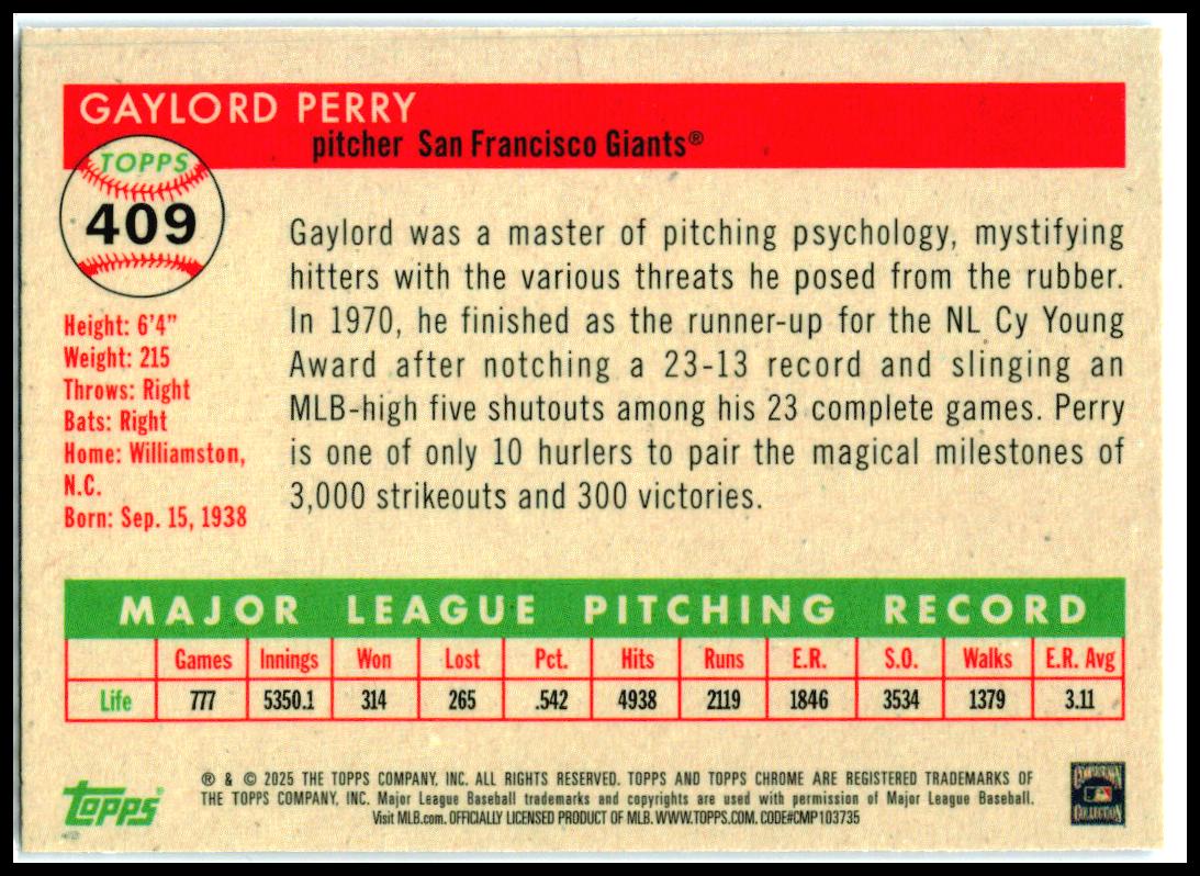 2025 Topps Chrome Platinum Blue Shimmer Refractors #409 Gaylord Perry Giants