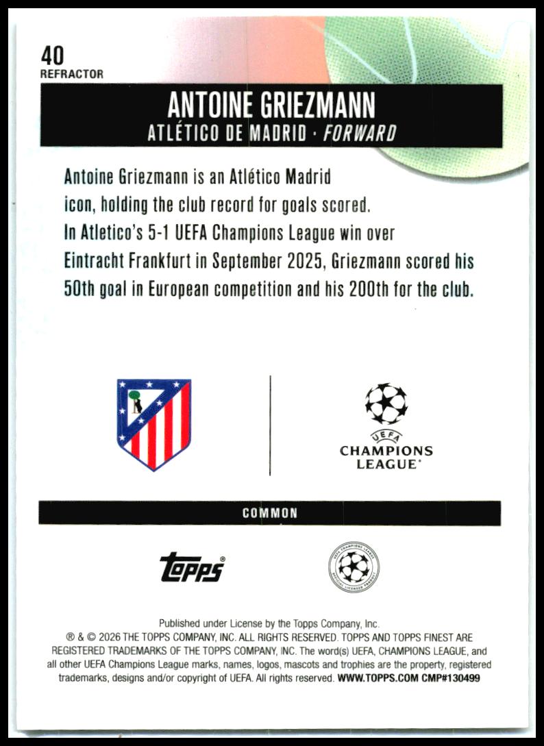2025-26 Finest UEFA Club Competitions #40 Antoine Griezmann Atletico Madrid