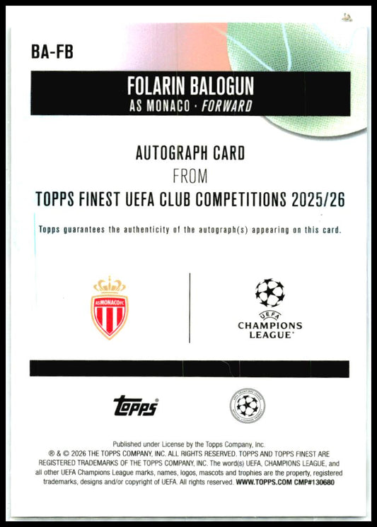 2025-26 Finest UEFA Club Auto Blue Wave /150 #BA-FB Folarin Balogun AU AS Monaco
