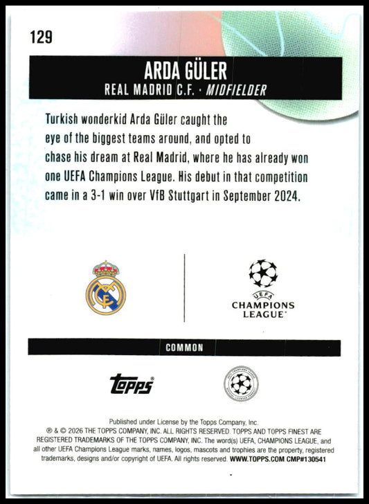 2025-26 Finest UEFA Club Blue Refractor #129 Arda Güler Real Madrid CF