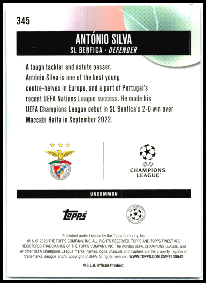 2025-26 Finest UEFA Club Orange Refractor #345 António Silva Benfica