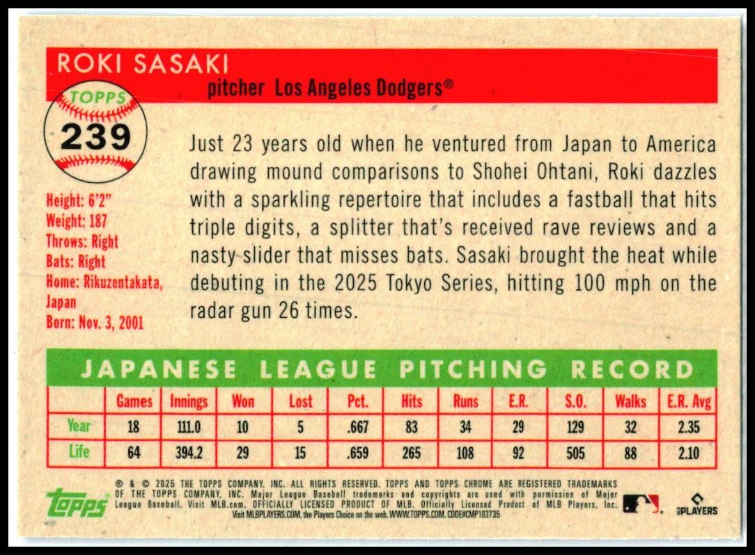 2025 Topps Chrome Platinum Blue Prism Refractors #239 Roki Sasaki RC Dodgers