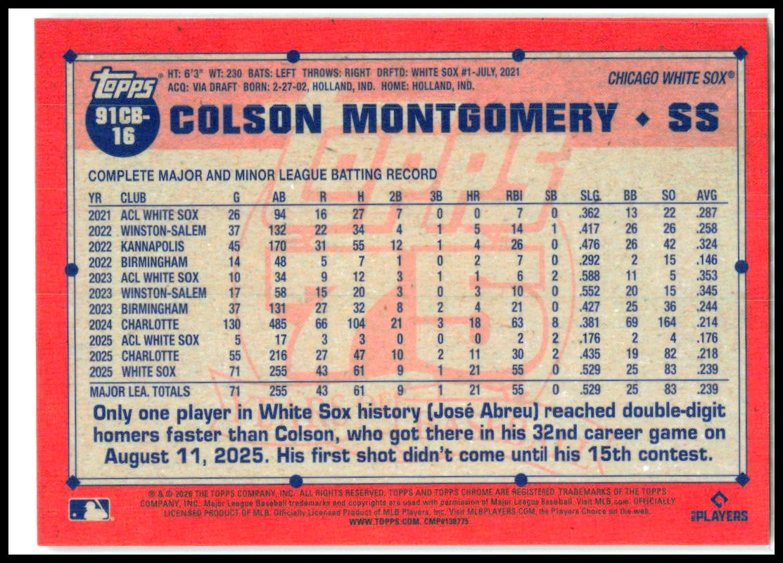 2026 Topps Chrome 1991 Topps 35th Anniversary # Colson Montgomery White Sox