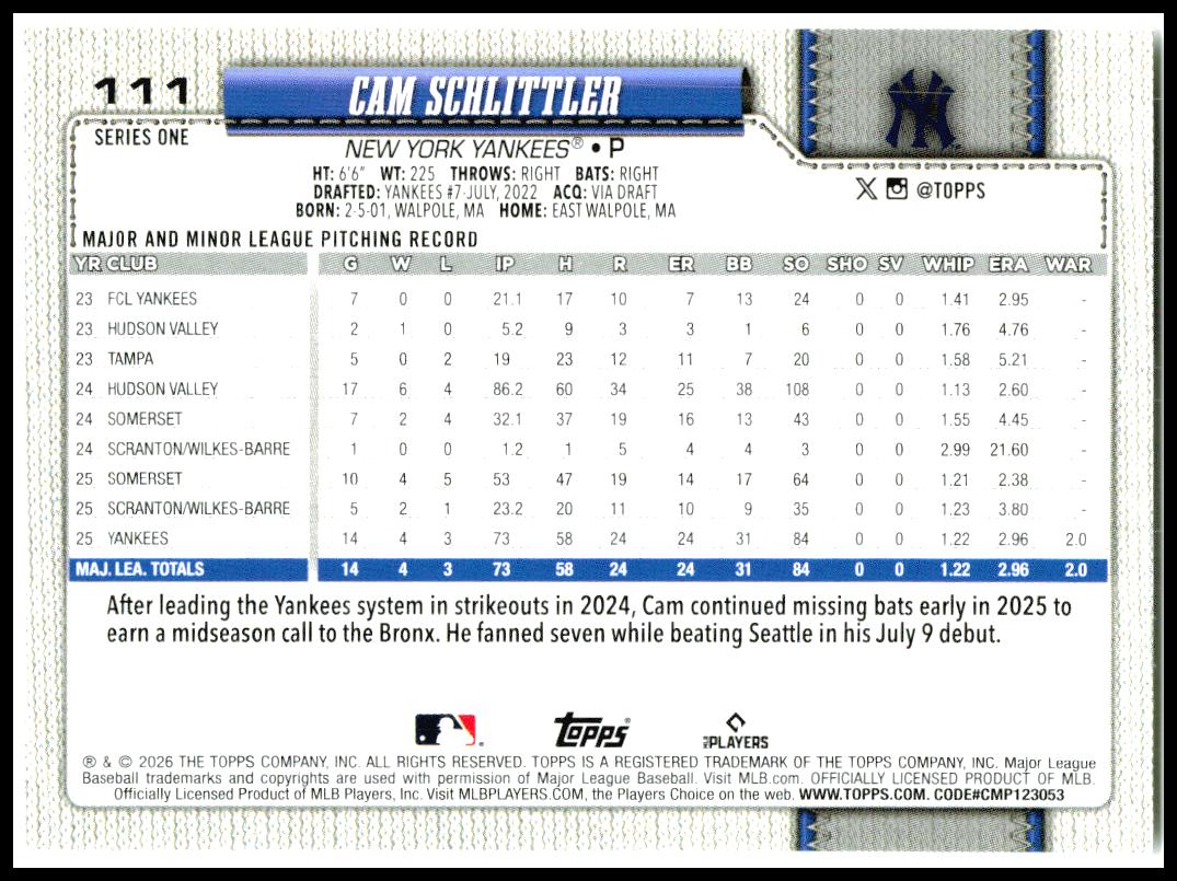 2026 Topps #111 Cam Schlittler RC New York Yankees