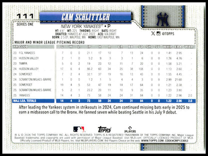 2026 Topps #111 Cam Schlittler RC New York Yankees