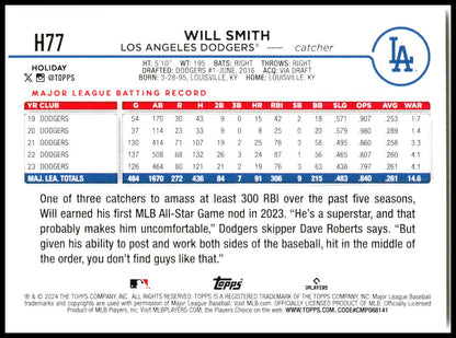 2024 Topps Holiday #H77 Will Smith Los Angeles Dodgers