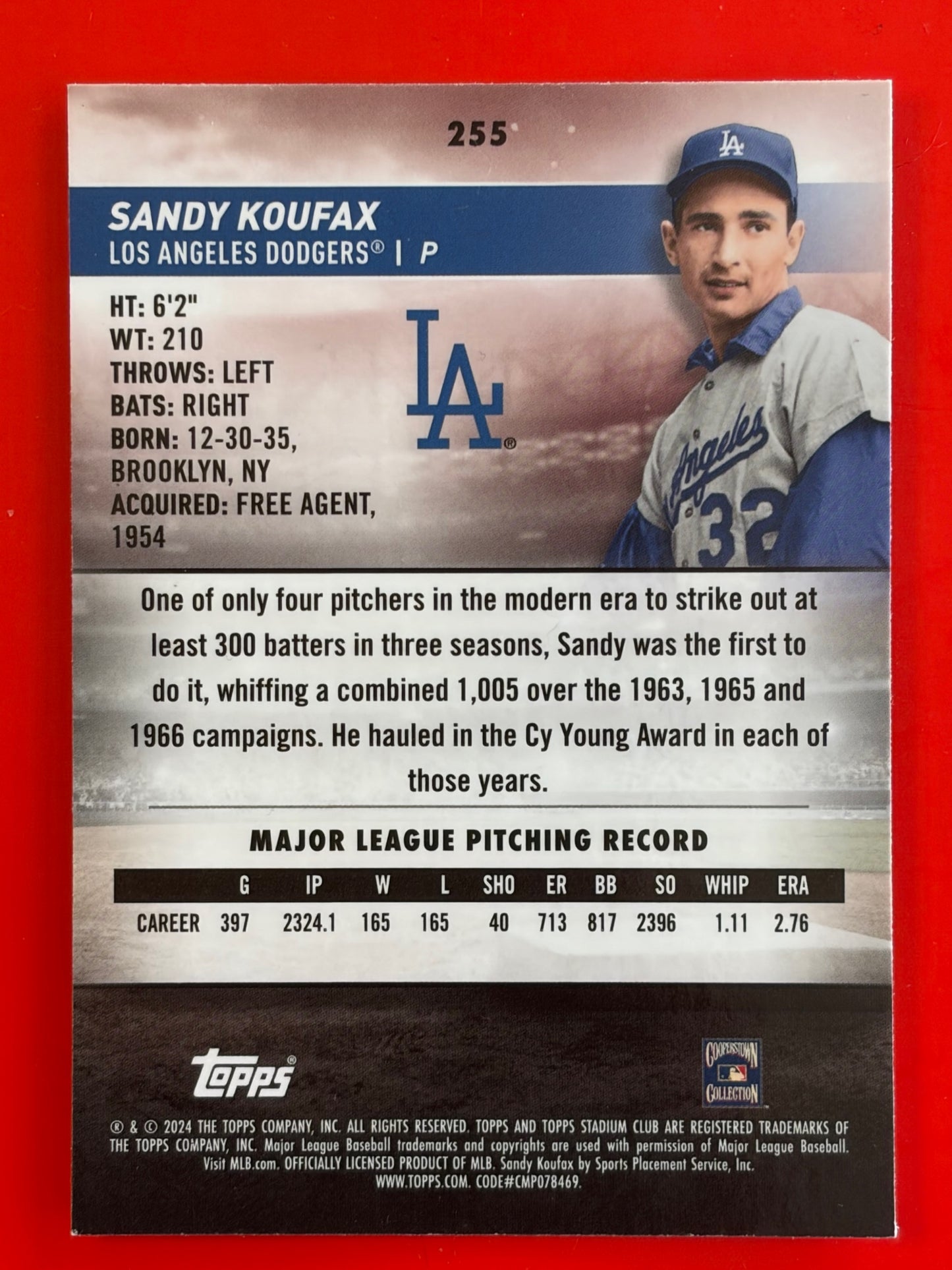 2024 Stadium Club Chrome #255 Sandy Koufax Los Angeles Dodgers