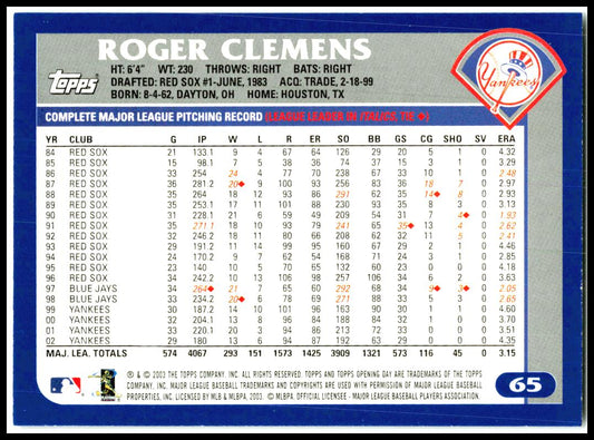 2003 Topps Opening Day #65 Roger Clemens New York Yankees