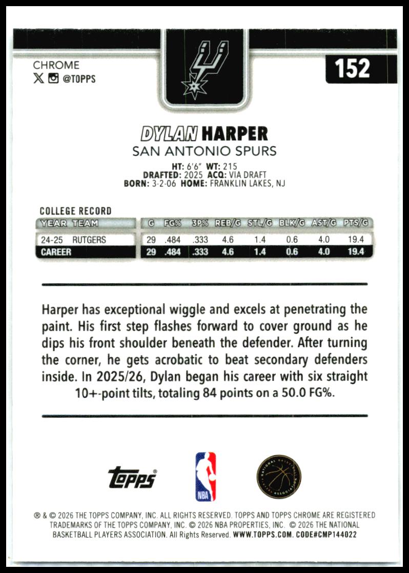 2025-26 Topps Chrome Update X-Fractor #152 Dylan Harper RC San Antonio Spurs