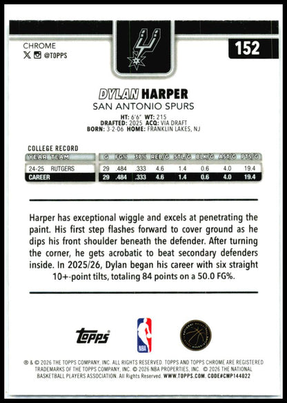 2025-26 Topps Chrome Update X-Fractor #152 Dylan Harper RC San Antonio Spurs