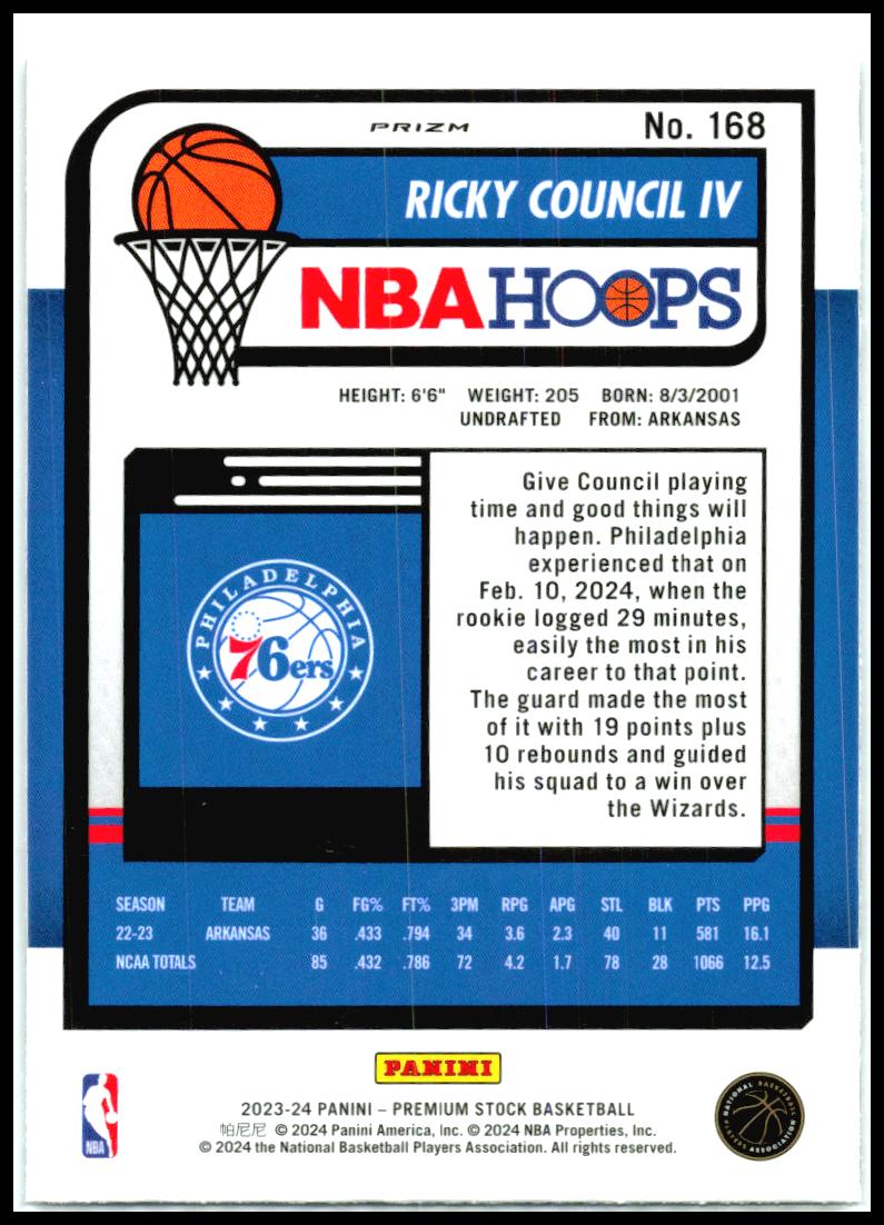 2023-24 Hoops Premium Stock Ice Prizm #168 Ricky Council IV RC 76ers