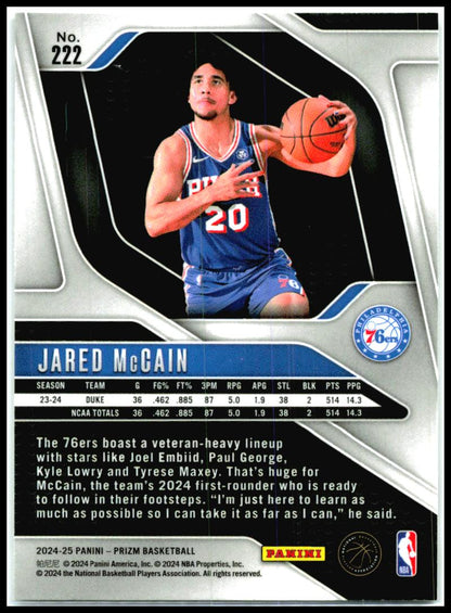 2024-25 Panini Prizm #222 Jared McCain RC Philadelphia 76ers