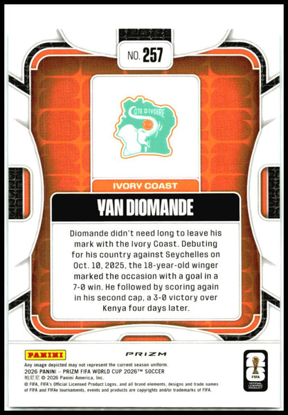 2026 Panini Prizm FIFA World Cup Wave Prizms #257 Yan Diomande Cote D'Ivoire
