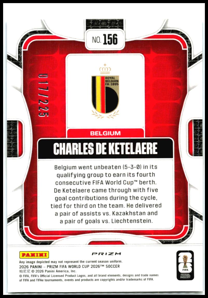 2026 FIFA World Cup Fluorescent Blue Wave /225 #156 Charles De Ketelaere Belgium