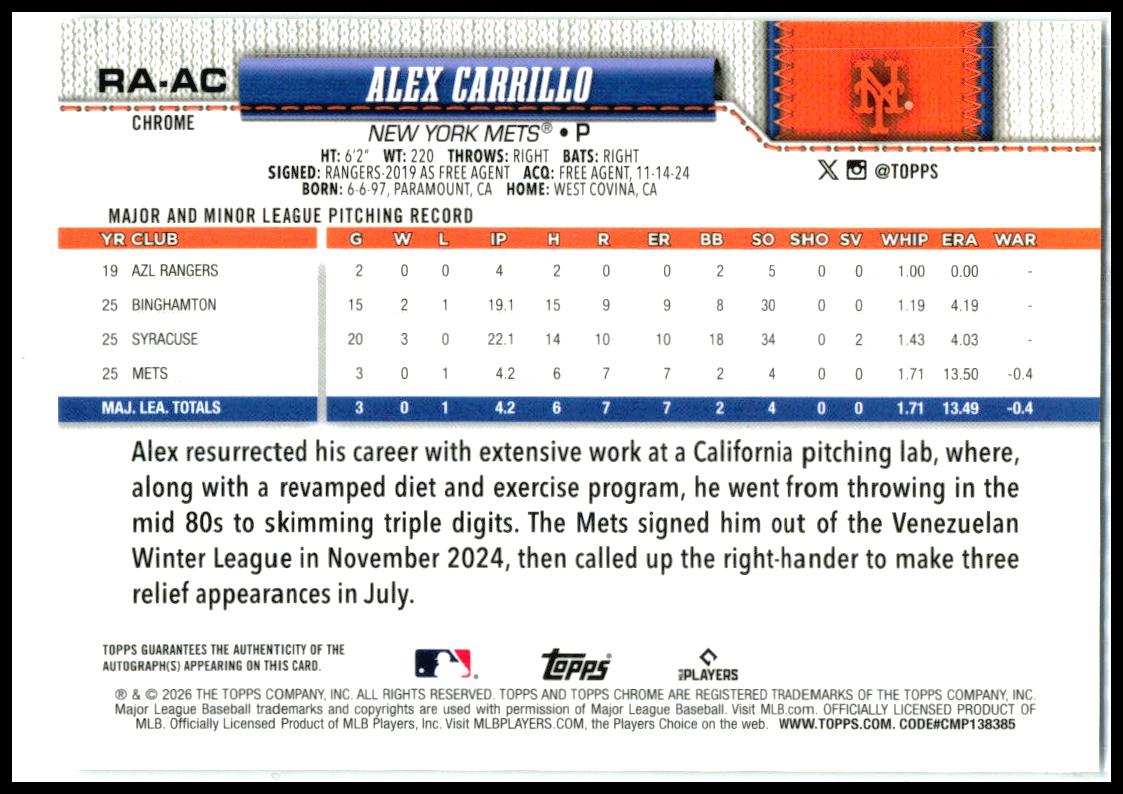 2026 Topps Chrome Auto #RA-AC Alex Carrillo AU New York Mets