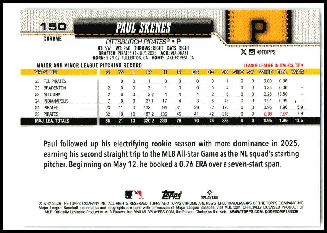 2026 Topps Chrome Baseball Seams Refractors #150 Paul Skenes Pittsburgh Pirates