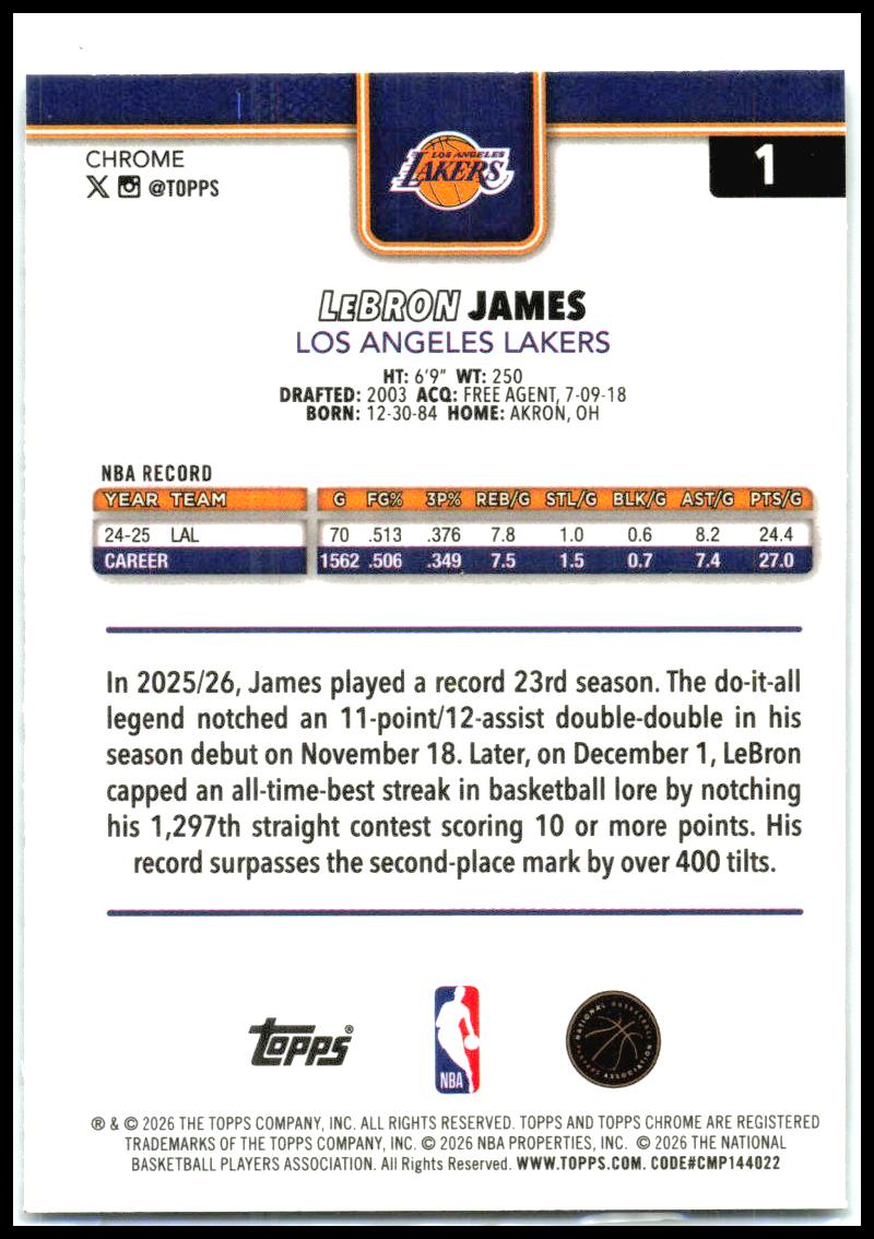 2025-26 Topps Chrome Update X-Fractor #1 LeBron James Los Angeles Lakers