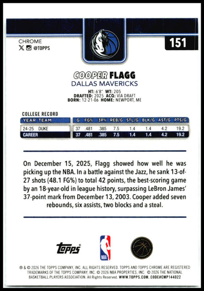 2025-26 Topps Chrome Update #151 Cooper Flagg RC Dallas Mavericks