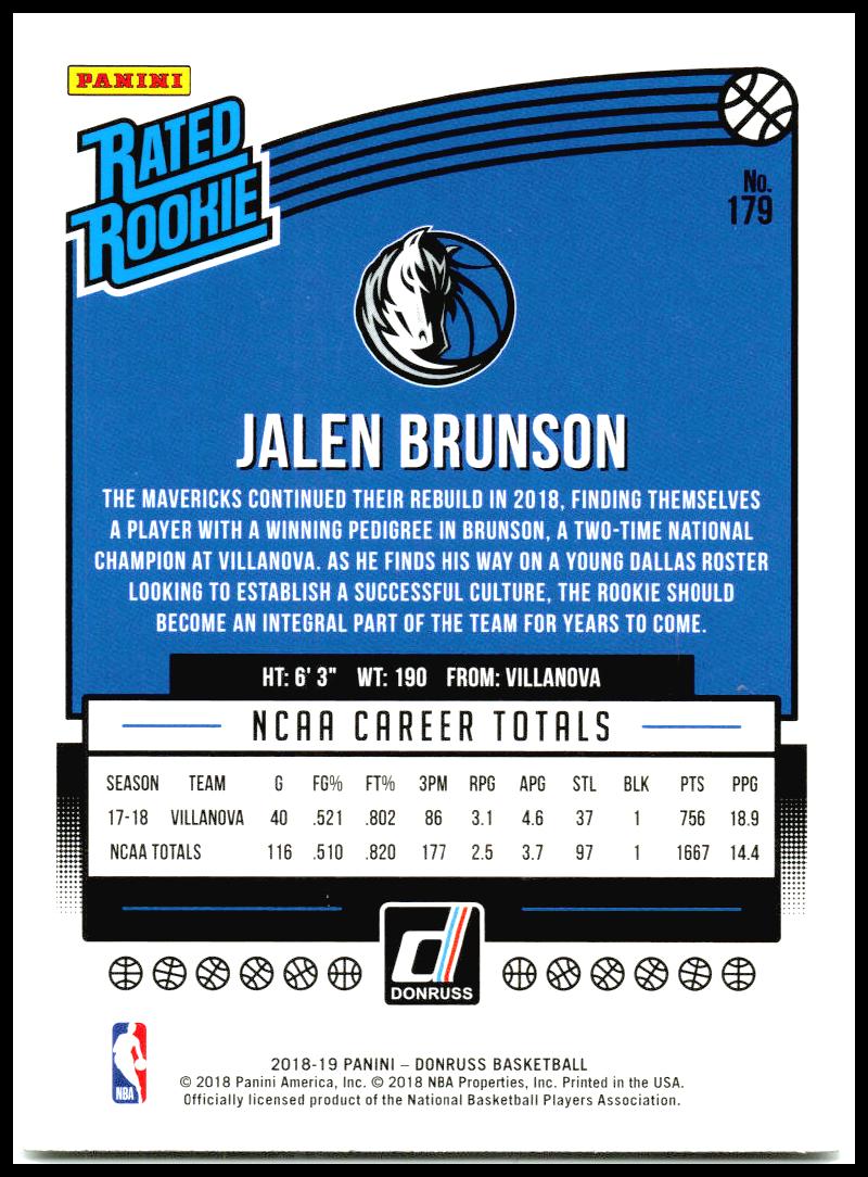2018-19 Donruss #179 Jalen Brunson RC Dallas Mavericks