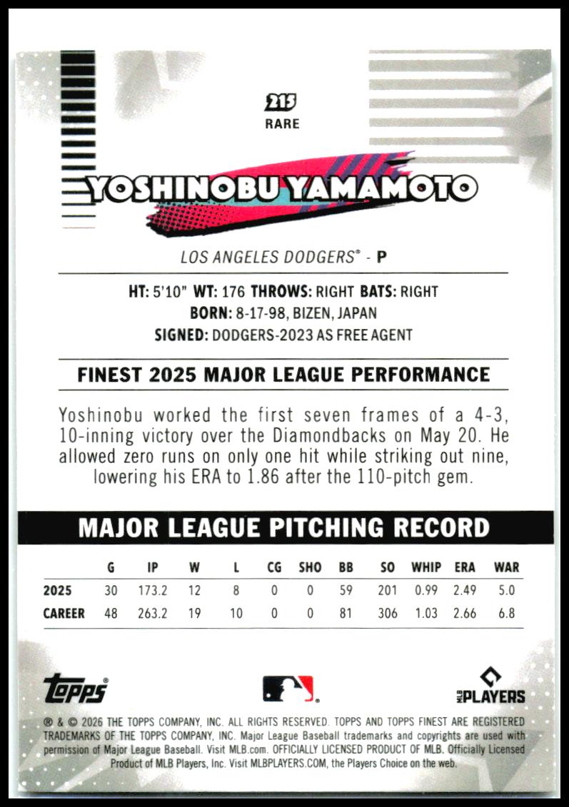 2026 Topps Finest Rare ##213 Yoshinobu Yamamoto Dodgers